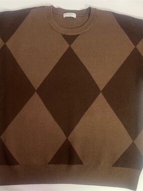 Babaton Two-Tone Brown Argyle Crewneck Sweater